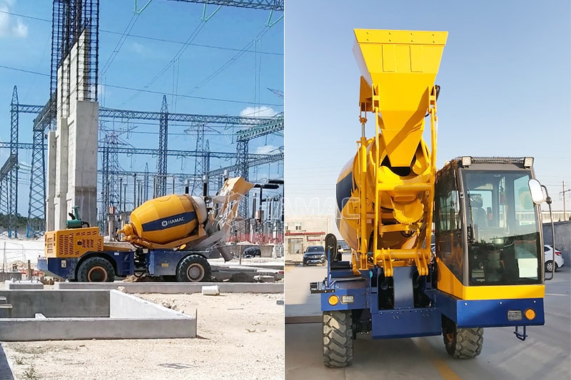 HMC250 self loading concrete mixer truck is working for a workshop.